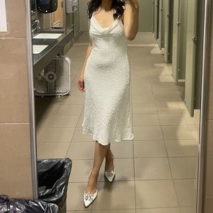 Adrianna Papell White Beaded Midi Cowl Neck Dress